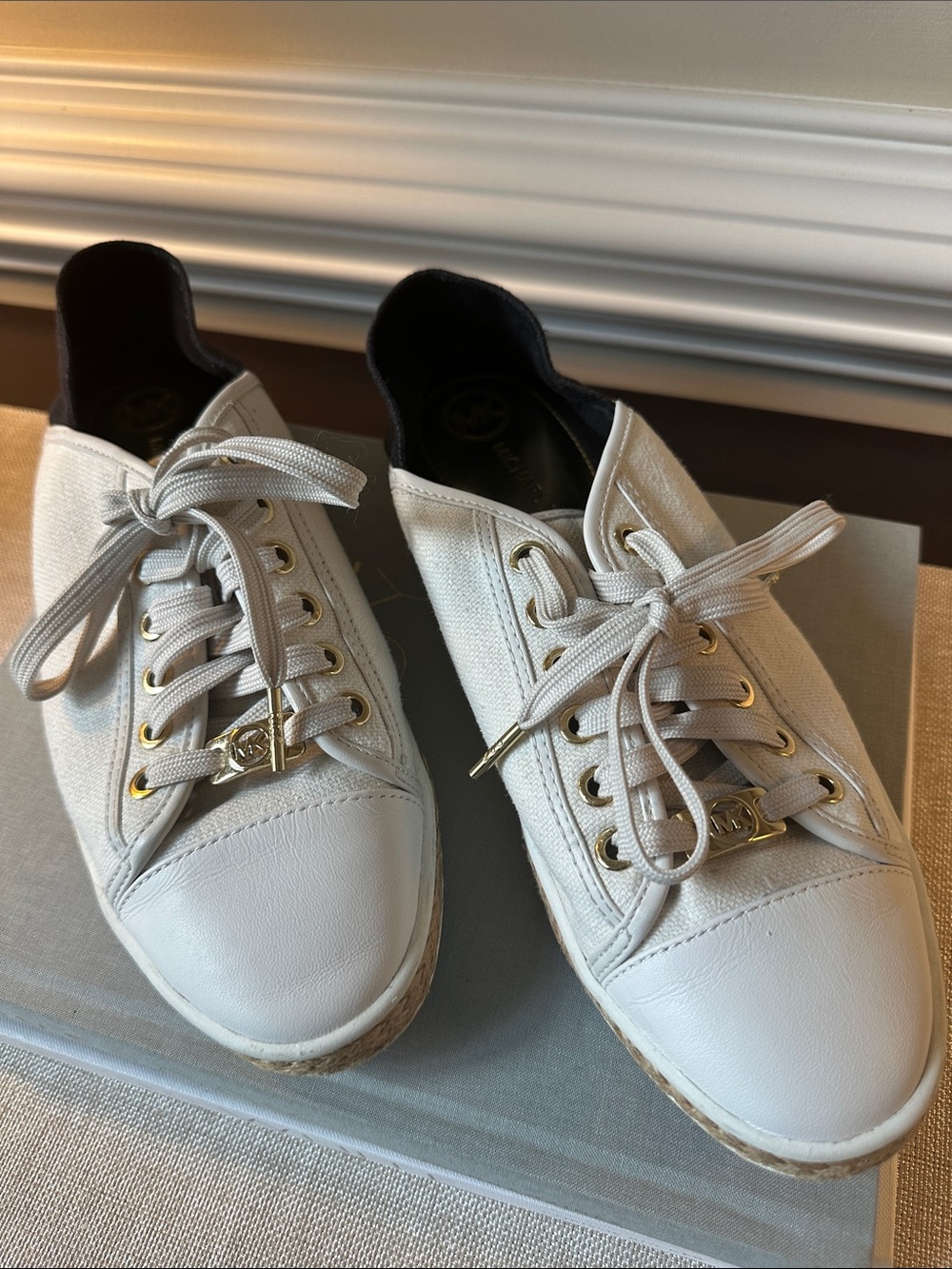 Michael Kors White Leather & Canvas  Sneaker with Gold Accents